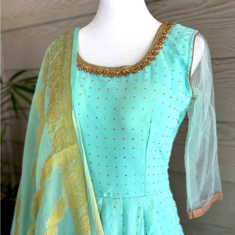 Elegant Mint Green and Gold Embellished Dress